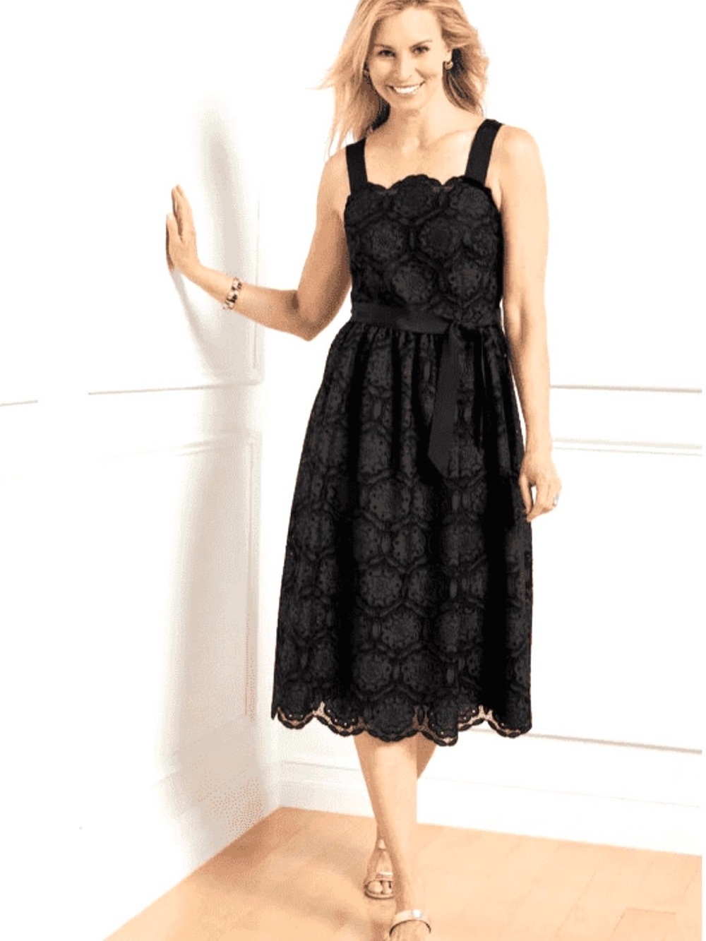 Talbots Black Lace Midi Dress with Waist Tie